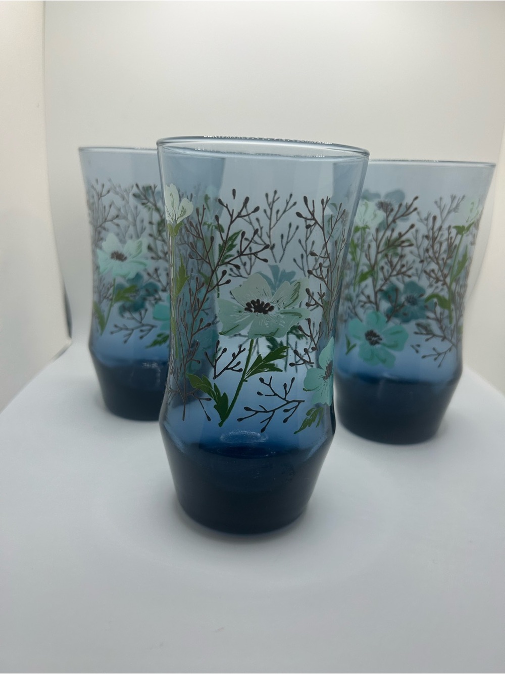 Libbey Blue Floral Glasses with Green and White Accents
